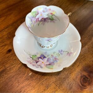 Vintage Takiro Japan Mini Cup & Saucer Hand Painted Violets Floral demitasse